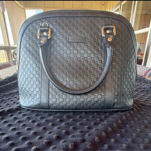 Gucci Black Embossed Dome Satchel with Gold-Tone Accents